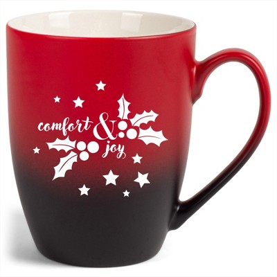 Elanze Designs Comfort & Joy Two Toned Ombre Matte Red and Black 12 ounce Ceramic Stoneware Coffee Cup Mug