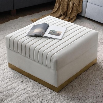 Alilang 30.7 inches Modern Square Ottoman with Channel-Tufted Upholstery and Gold Base-Beige