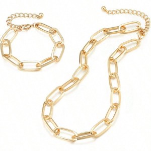 Gold Chain Necklace and Bracelet Set for Women Dainty Chunky Paperclip - 1 of 4