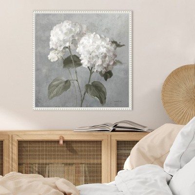 White Hydrangeas Botanical Canvas Print with Gray Background