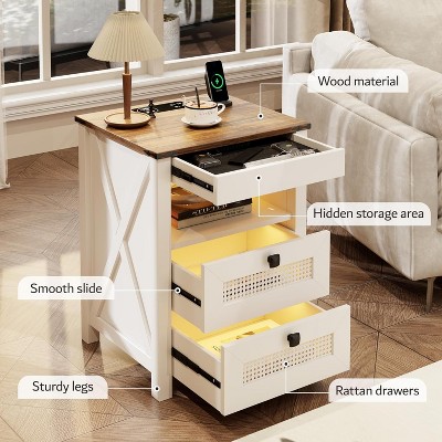 Vlsrka White Farmhouse Nightstand with Concealed Storage, USB & Type-C Ports, LED Motion Sensor Light for Rustic Interiors