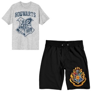 Harry Potter Hogwarts Crest Men's Short Sleeve Shirt & Sleep Shorts Set - 1 of 4