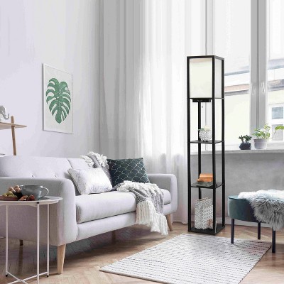 Black 62.5" Floor Shelf Lamp with Linen Shade and USB Ports