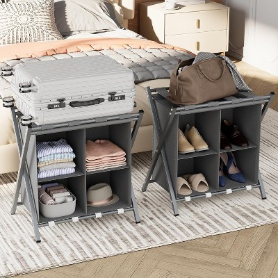 Luggage Rack with storage, Guest Room Folding Suitcase Stands, Holds up to 120 lb, Space Saving Suitcase Holders