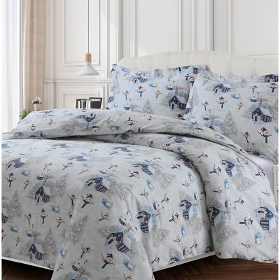 King 3pc Snowman Printed Cotton Flannel Oversized Duvet Set Red/Navy - Tribeca Living