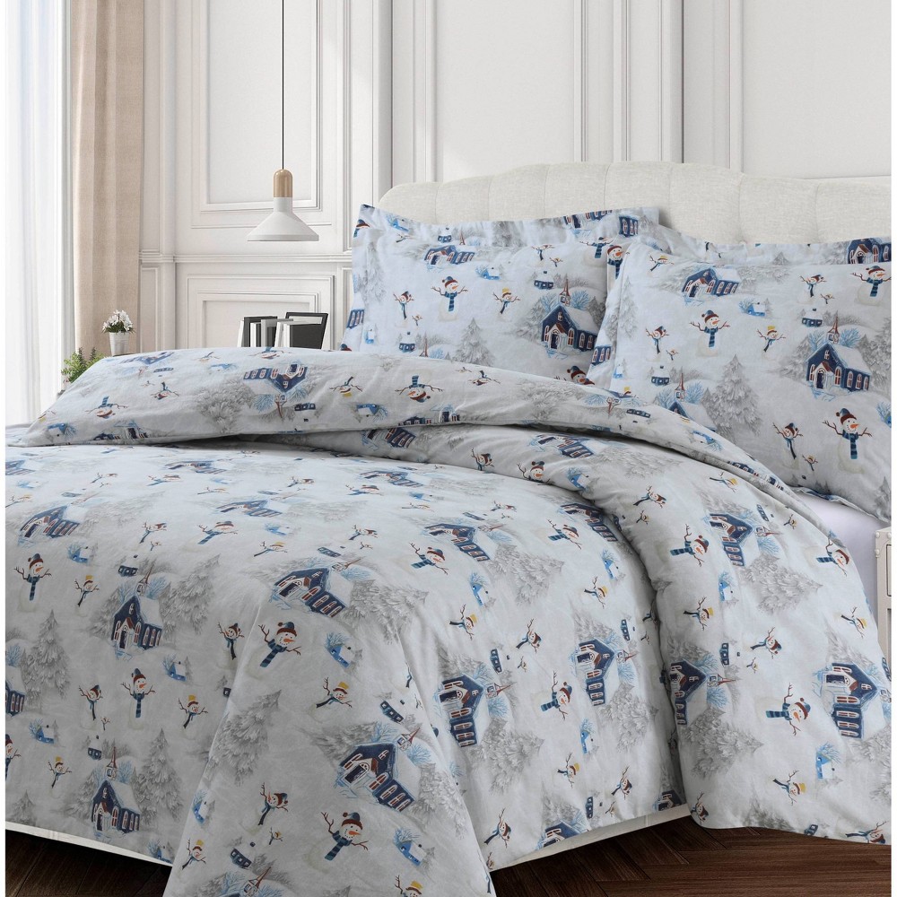 Photos - Bed Linen King 3pc Snowman Printed Cotton Flannel Oversized Duvet Set Red/Navy - Tri
