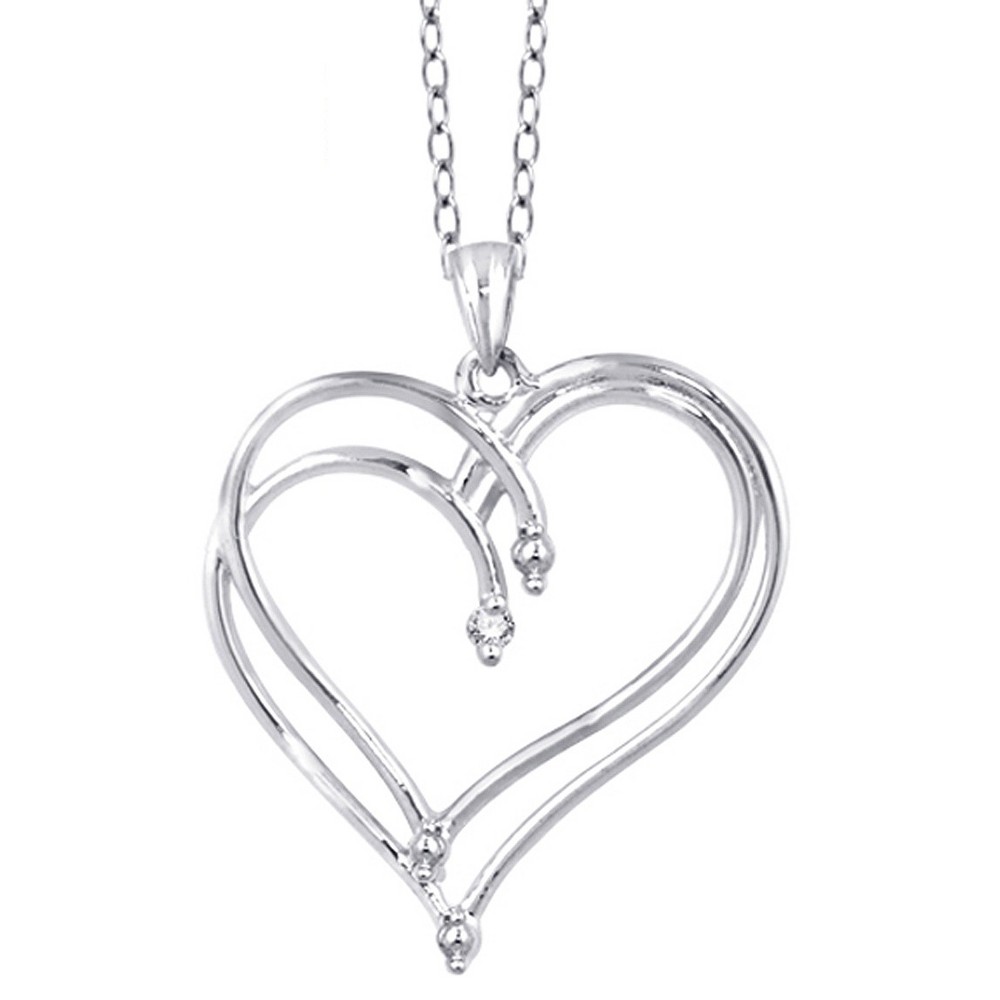 Photos - Pendant / Choker Necklace Women's Sterling Silver Round-Cut White Diamond Prong Set Double Heart Pen