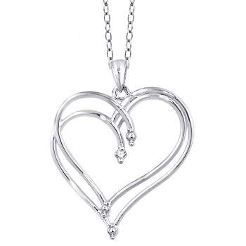 Women's Sterling Silver Round-Cut White Diamond Prong Set Double Heart Pendant (18")