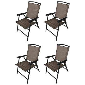 Four Seasons Courtyard Marbella Folding All Weather Outdoor Garden Patio Sling Chair with Rugged Steel Frame and Armrests, Tan (4 Pack)