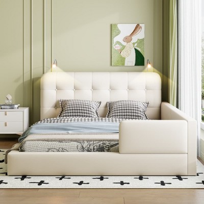 Modern Wooden Queen Size Platform Bed with headboard, PU Leather Upholstered Bed Frame with Adjustable Reading Lights for Bedroom - The Pop Home