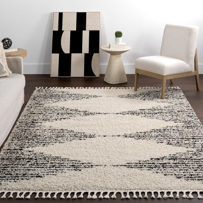 Off-White Synthetic Square Shag Rug with Braided Tassels