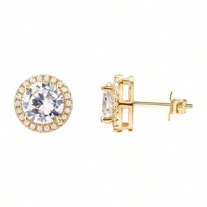 Silver Post Earrings with Faux Diamond Halo, Cubic in Rose, White, Yellow Gold - 1 of 4