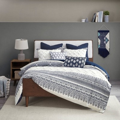 Full/Queen Navy Cotton Duvet Cover Set with Chenille Tufting