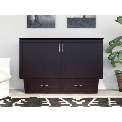 Espresso Queen Murphy Bed Chest with Memory Foam Mattress and USB Charging