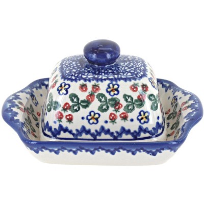 Blue Rose Polish Pottery Strawberry Garden Small Butter Dish