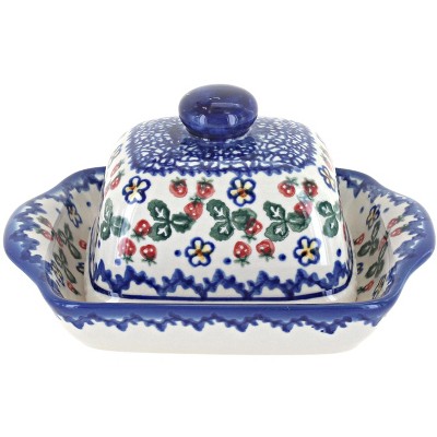 Blue Rose Polish Pottery Strawberry Garden Small Butter Dish