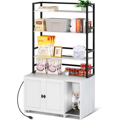 Garvee Cat Litter Box Enclosure Furniture with Shelves, Hidden Cat Litter Box Cabinet with Shelves, Sockets, Pull Out Tray
