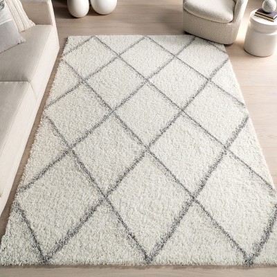 Plush White Geometric Shag 63" Square Area Rug