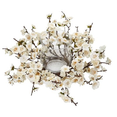 White Plum Blossom Artificial Candelabrum with Clear Glass