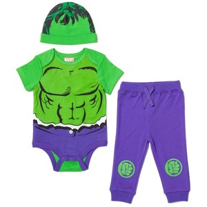 Marvel Avengers Black Panther Baby Cosplay Bodysuit Pants and Hat 3 Piece Outfit Set Newborn to Infant - 1 of 4