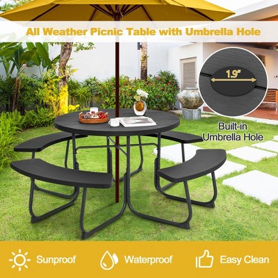 Black 8-Person Round Picnic Table with Benches and Umbrella Hole