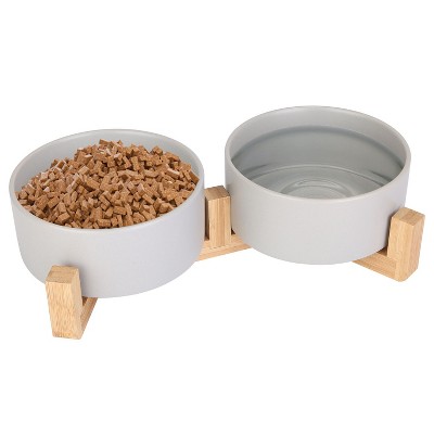 iMountek "Double 28.7oz Ceramic Pet Bowls with Wooden Stand - Raised Feeder for Small Dogs & Cats" Grey