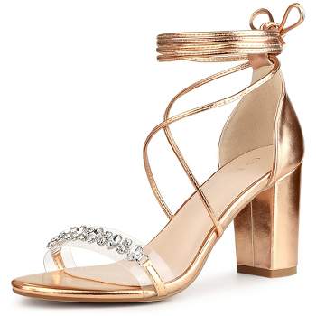 Perphy Women's Crystal Rhinestones Strap Lace Up Chunky Heel Sandals