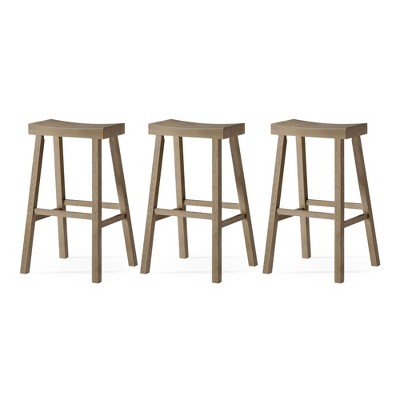 Maven Lane Vincent Backless Rectangular Saddle Kitchen Stool with Rustic Wood Top Seat, Set of 3