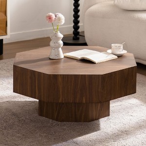 Kumasinova 30.51" Round/Octagon Coffee Table,Wood End Table with Pedestal Base,Modern Coffee Tables for Living Room,Office and Bedroom,Walnut - 1 of 4