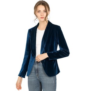 INSPIRE CHIC Women's Office Solid Shawl Collar Jetted Pockets One Button Velvet Blazer - 1 of 4