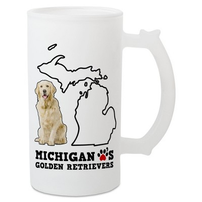Elanze Designs The Wolverine State Michigan Loves Golden Retrievers Matte White Frosted Glass Classic Mug Stein, 16 Ounce