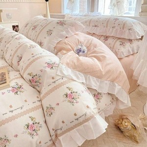 Ruffle Duvet Cover Queen with Pink Flower Print and Lace, Cotton Princess Bedding Set for Teen Girls - 1 of 4