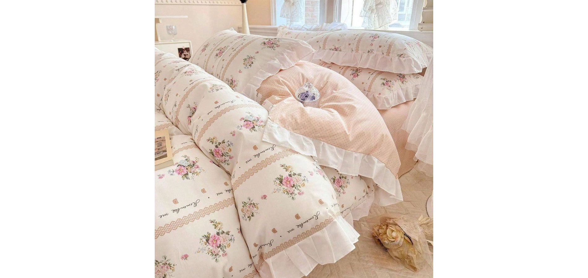 Ruffle Duvet Cover Queen with Pink Flower Print and Lace, Cotton Princess Bedding Set for Teen Girls