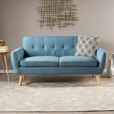 Mid-Century Blue Tufted Fabric Sofa with Wood Legs