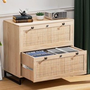VINGLI Wood Rattan 2 Drawer Lateral File Cabinet with Lock, Home Office Filing Cabinets for Hanging Letter/A4/Legal Size Labeled Folders, Oak - 1 of 4