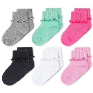Cozyway Baby Girls Socks, Ruffle Ripple Edge Turn Cuff Sock - 9-24 Months Toddler - 6 pack, Solid Multicolored - 1 of 4