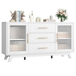White Coffer Bar Cabinet with 2 Fluted Glass Doors, 56" Modern Sideboard Buffet Cabinet with 3 Drawers, White Large Storage Cabinet for Kitchen Dini - 1 of 4