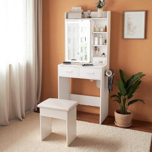 24" Small Makeup Vanity Desk with Mirror and Adjustable LED Lights, Dressing Table with 2 Drawers, Stool, Shelf & Storage for Bedroom - 1 of 4
