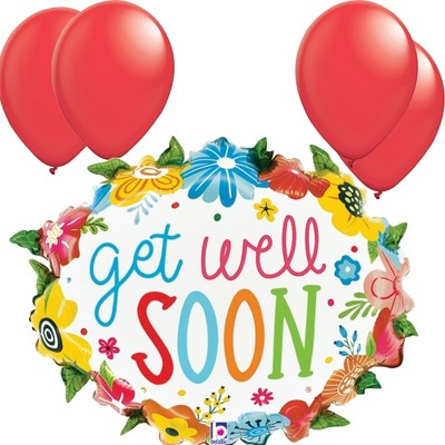 LoonBalloon 25 Inch Get Well Floral Wreath Balloon with 4 Latex Balloons – Elegant Get Well Soon Balloon Set