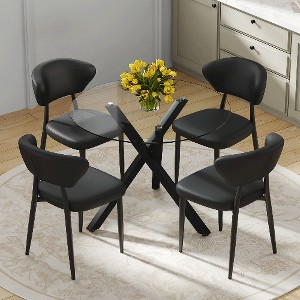 Lyngins Modern Round Glass Dining Table Set – Transparent Top with X-Shaped Black Metal Base & 4 PU Chairs with a Vertical Stripe Design - 1 of 4