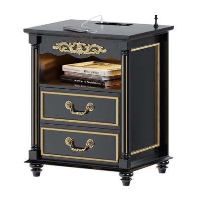 Fredees Charging Nightstand with USB & Type-C Ports, Vintage Bedside Table with Motion Sensor Light, Open Compartment and 2 Drawers, Rustic Wood