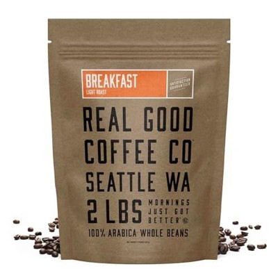 Real Good Coffee Whole Bean Coffee - 2 Pound Bag - Breakfast Blend Light Roast Coffee - Fresh Coffee Beans