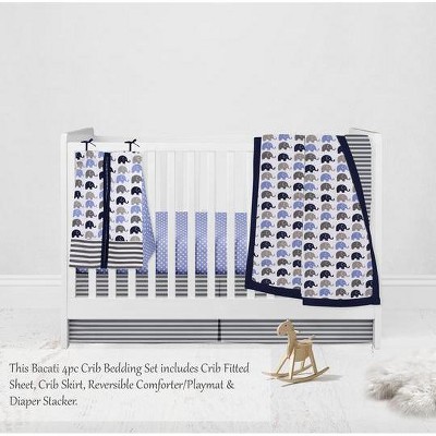 Bacati - Elephants Blue/Navy/Gray 4 pc Crib Bedding Set with Diaper Caddy