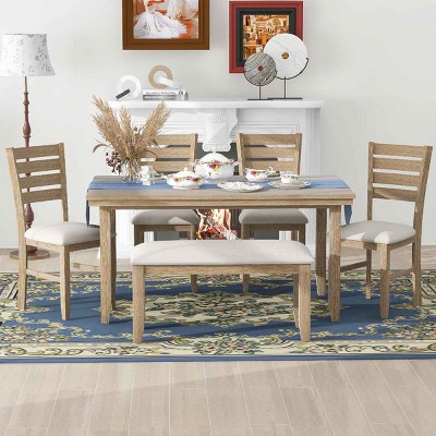6 PCS Rustic Dining Set with Bench,  Dining Set with Rectangular Table, Upholstered Chairs and Bench with Wood Frame-Coolbibila