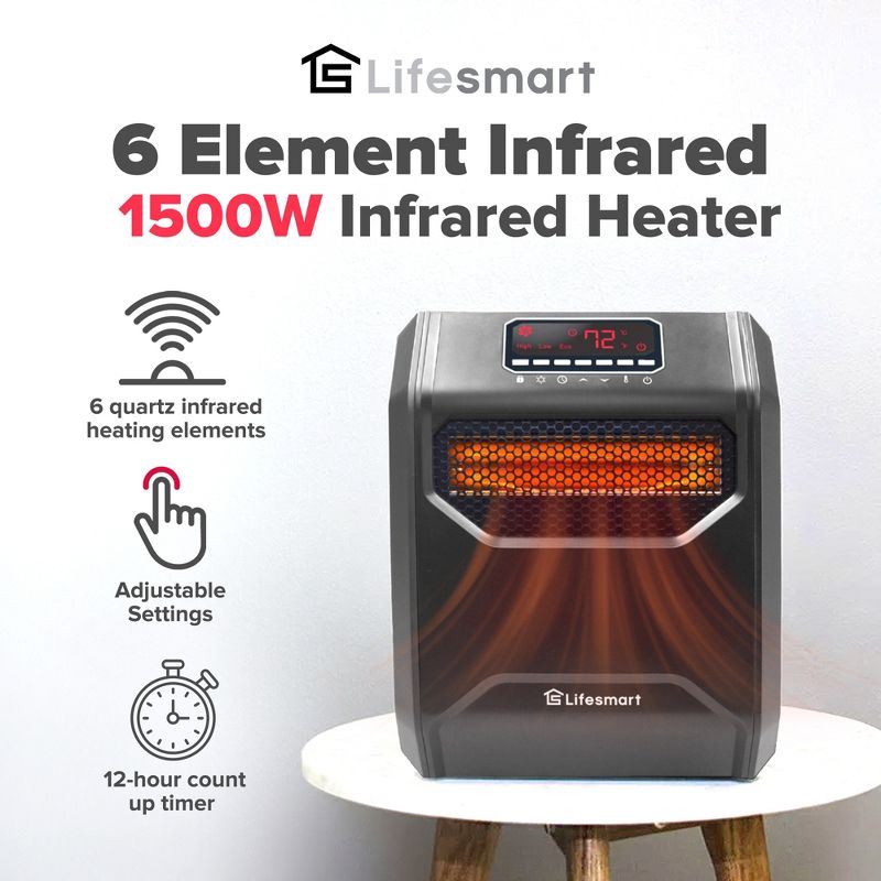 LifeSmart LifePro 1500 Watt High Power 3 Mode Programmable Space Heater with 6 Quartz Infrared Element, Remote, and Digital Display, Black, 3 of 7