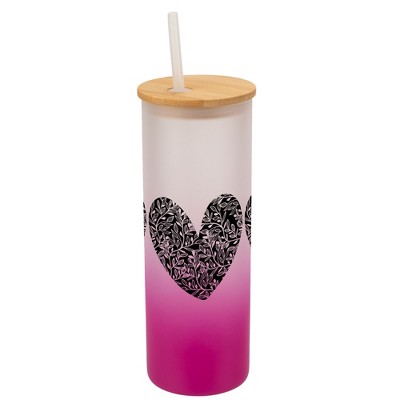 Elanze Designs Trio Floral Flower Love Heart Wrap-Around Design 25 Ounce Frosted Gradient Glass On-The-Go Coffee Travel Skinny Tumbler Mug Cup, Bamboo