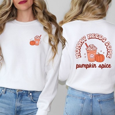 Simply Sage Market Women's Graphic Sweatshirt Retro Mommy Needs Some Pumpkin Spice Lightning Bolt Front and Back