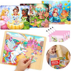 4 in 1 Glitter Wooden Puzzles for Toddler Girls Princess Unicorn Mermaid Fairy Jigsaw Puzzle Toys Preschool Toys Xmas Birthday Gifts for Girls Age 3-5 - 1 of 4