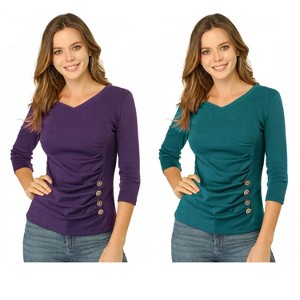 INSPIRE CHIC Women's V Neck 3/4 Sleeves Solid Knitted Buttons Decor Ruched Blouse 2 Packs - 1 of 4