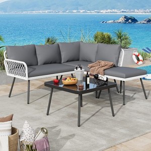 L-Shaped Wicker Outdoor Furniture Set, 4-Piece Patio Sectional Sofa with Handmade Rattan and Metal Frame - 1 of 4